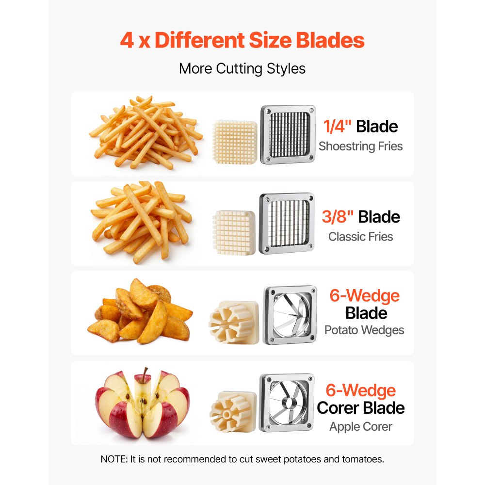 VEVOR French Fry Cutter, Commercial Vegetable Chopper with 4 Blades (1/4", 3/8", 6-Wedge & Apple Corer), Stainless