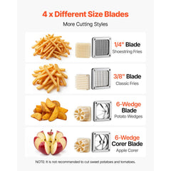 VEVOR French Fry Cutter, Commercial Vegetable Chopper with 4 Blades (1/4", 3/8", 6-Wedge & Apple Corer), Stainless