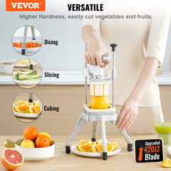 VEVOR Commercial Vegetable Fruit Chopper, Stainless Steel French Fry Cutter with 4 Blades 1/4" 3/8" 1/2", 6-wedge