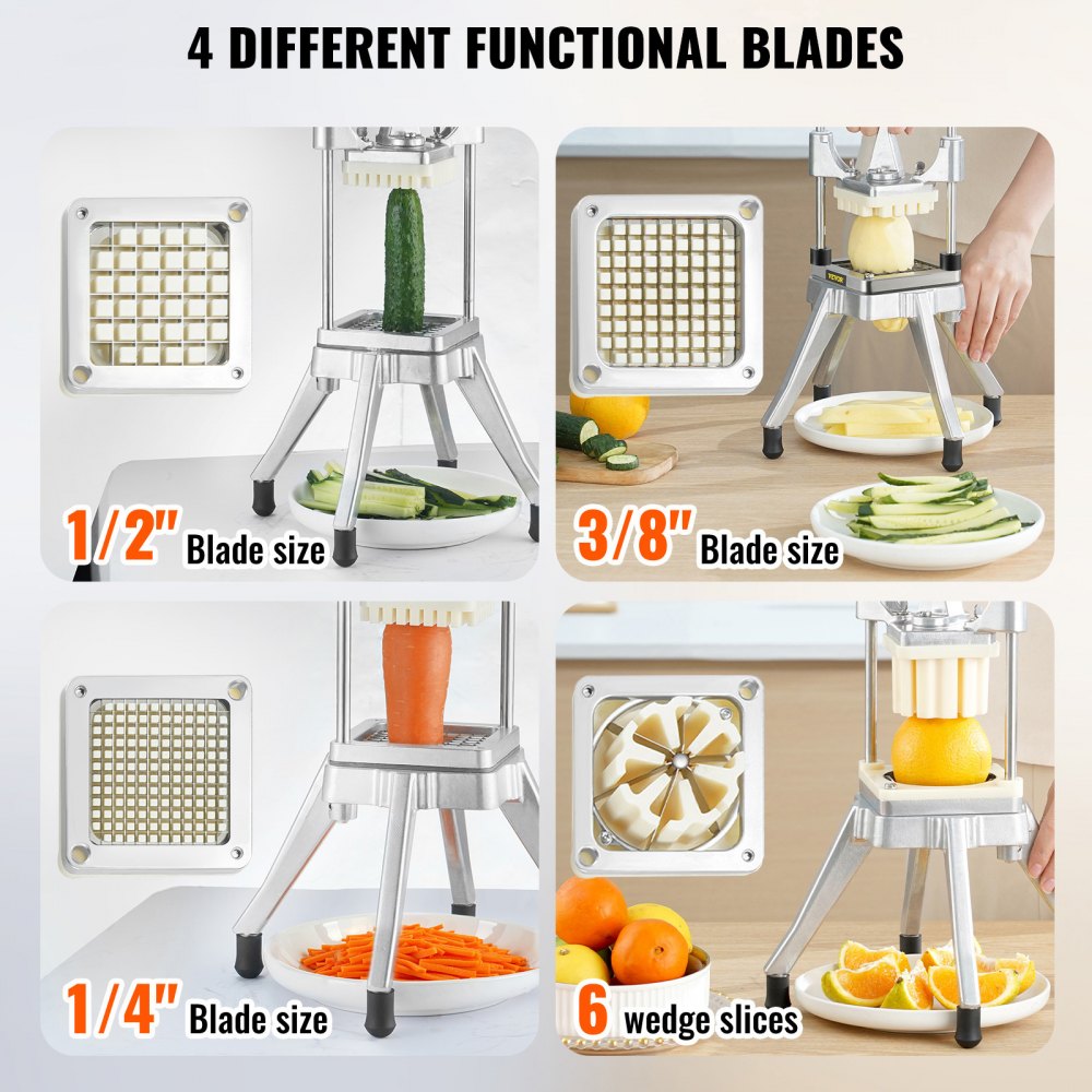 VEVOR Commercial Vegetable Fruit Chopper, Stainless Steel French Fry Cutter with 4 Blades 1/4" 3/8" 1/2", 6-wedge