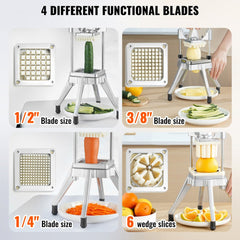 VEVOR Commercial Vegetable Fruit Chopper, Stainless Steel French Fry Cutter with 4 Blades 1/4" 3/8" 1/2", 6-wedge