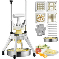 VEVOR Commercial Vegetable Fruit Chopper, Stainless Steel French Fry Cutter with 4 Blades 1/4" 3/8" 1/2", 6-wedge