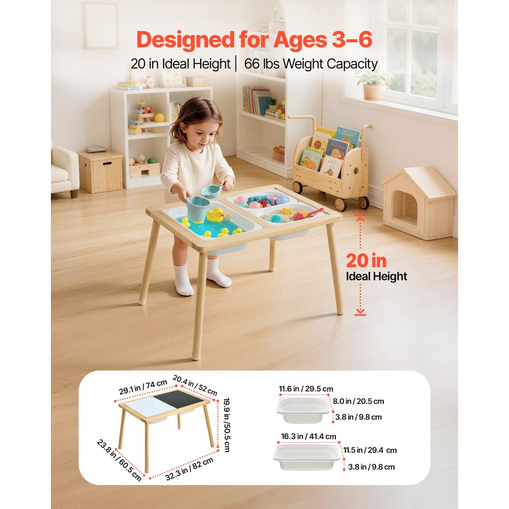 VEVOR Sensory Table for Toddlers, Wooden Kids Activity Table with Reversible Double-Sided Board, Storage Bins, and