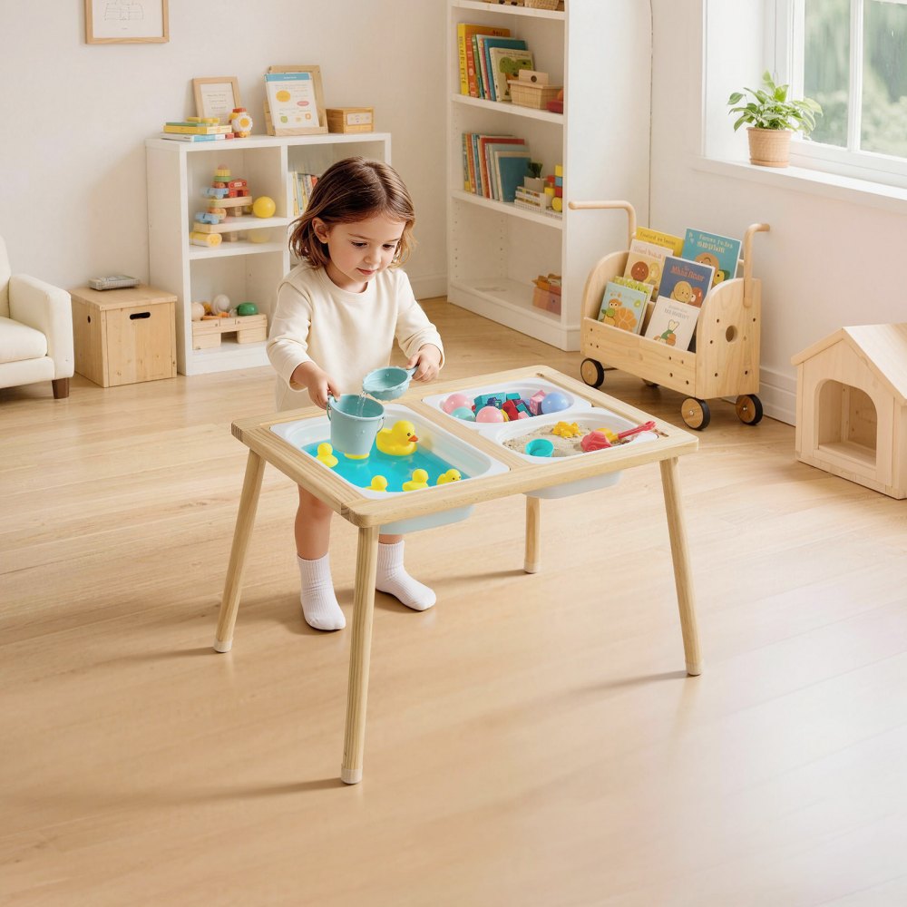 VEVOR Sensory Table for Toddlers, Wooden Kids Activity Table with Reversible Double-Sided Board, Storage Bins, and