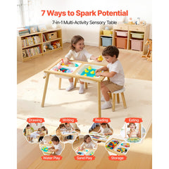 VEVOR Sensory Table for Toddlers, Wooden Kids Activity Table with 2 Stools, Double-Sided Board, Storage Bins, and