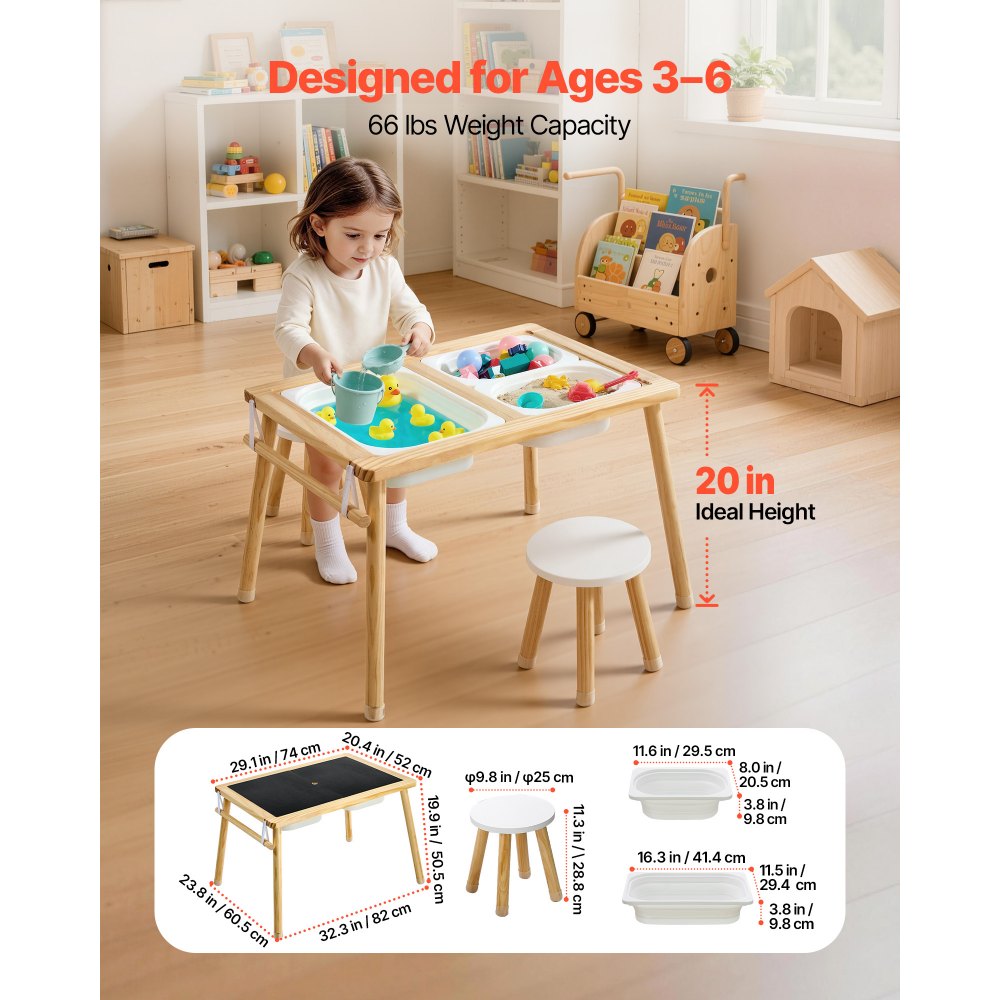 VEVOR Sensory Table for Toddlers, Wooden Kids Activity Table with 2 Stools, Double-Sided Board, Storage Bins, and