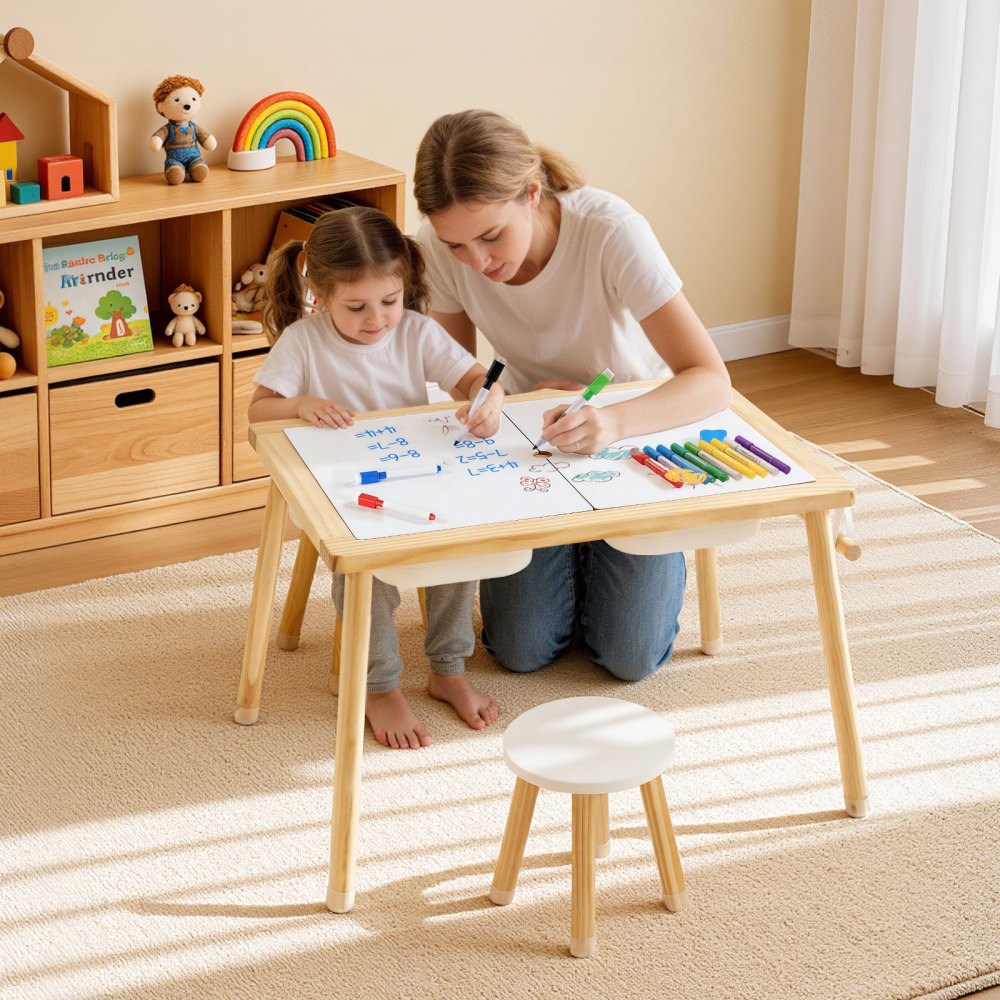 VEVOR Sensory Table for Toddlers, Wooden Kids Activity Table with 2 Stools, Double-Sided Board, Storage Bins, and