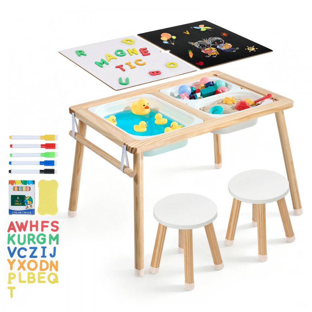 VEVOR Sensory Table for Toddlers, Wooden Kids Activity Table with 2 Stools, Double-Sided Board, Storage Bins, and