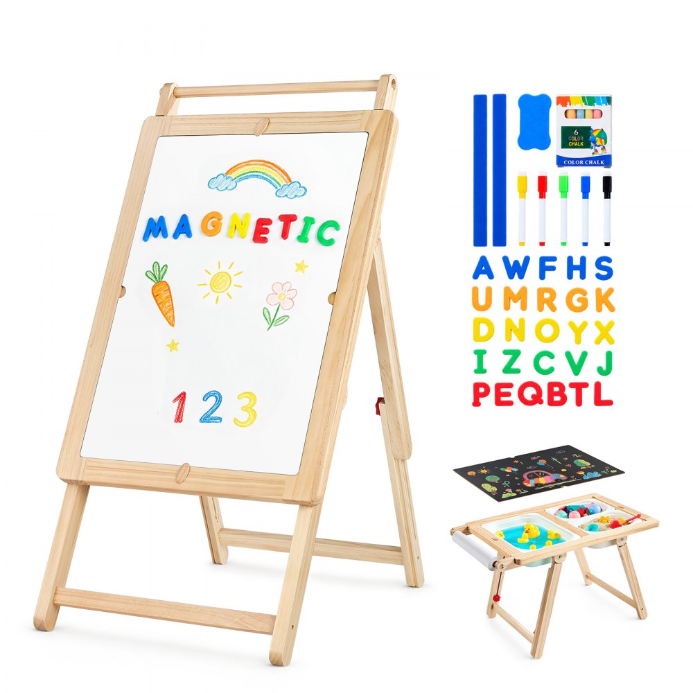 VEVOR Sensory Table for Toddlers, Wooden Kids Activity Table and Art Easel with Reversible Double-Sided Board, Storage