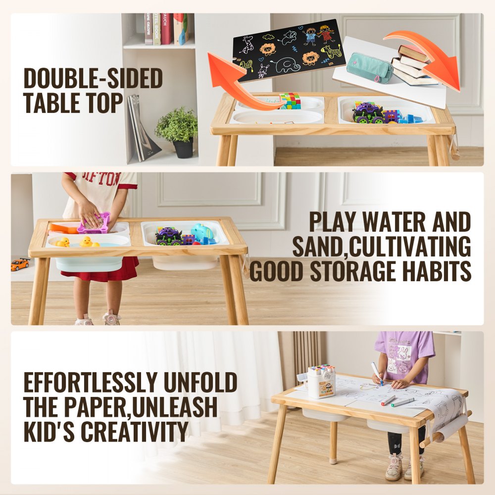 VEVOR Sensory Table for Toddlers, Kids Activity Table with 3 Foldable Storage Bins & Paper Roll Holder, Indoor/Outdoor