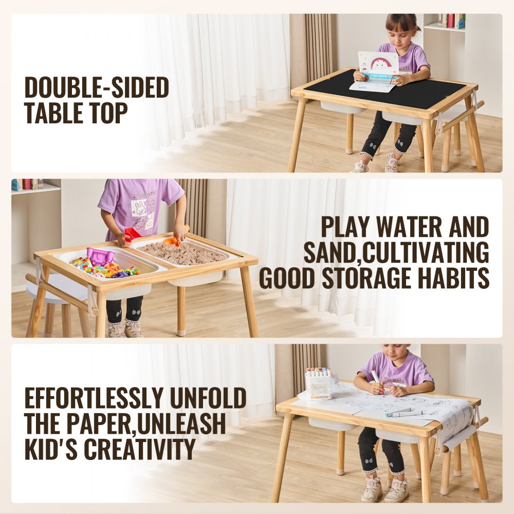 VEVOR Sensory Table and Chairs Set, Toddlers Activity Table with 2 Stools, 2 Storage Bins & Paper Roll Holder