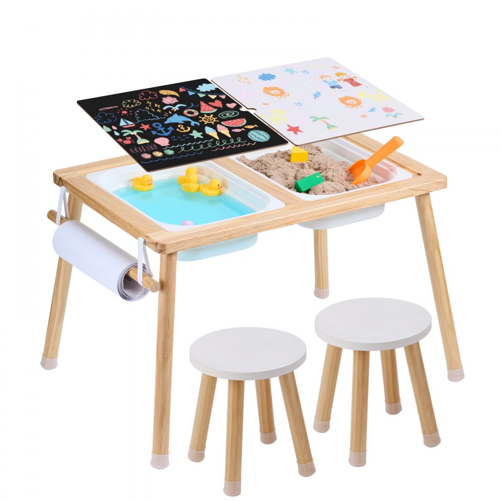 VEVOR Sensory Table and Chairs Set, Toddlers Activity Table with 2 Stools, 2 Storage Bins & Paper Roll Holder