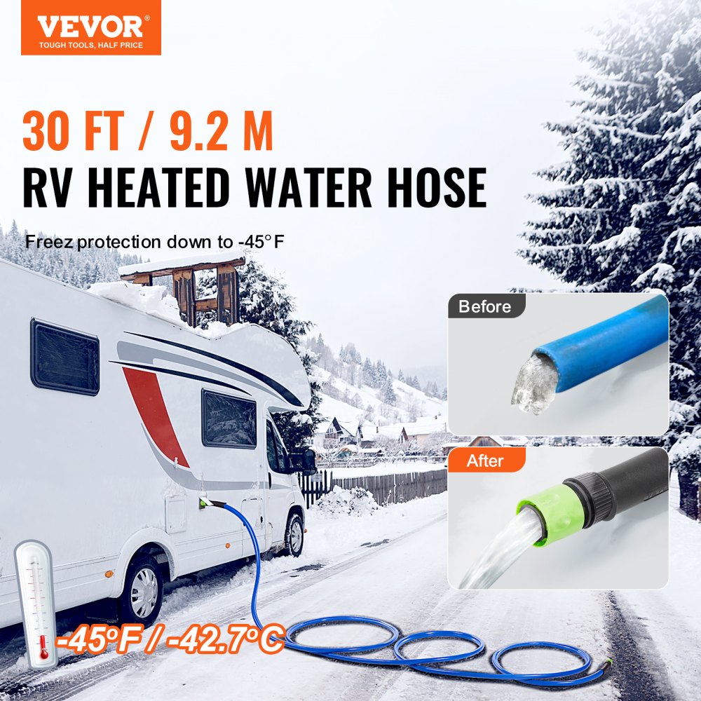 VEVOR 30ft Heated Water Hose for RV, Heated Drinking Water Hose Antifreeze to -45°F, Automatic Self-regulating, 5/8"