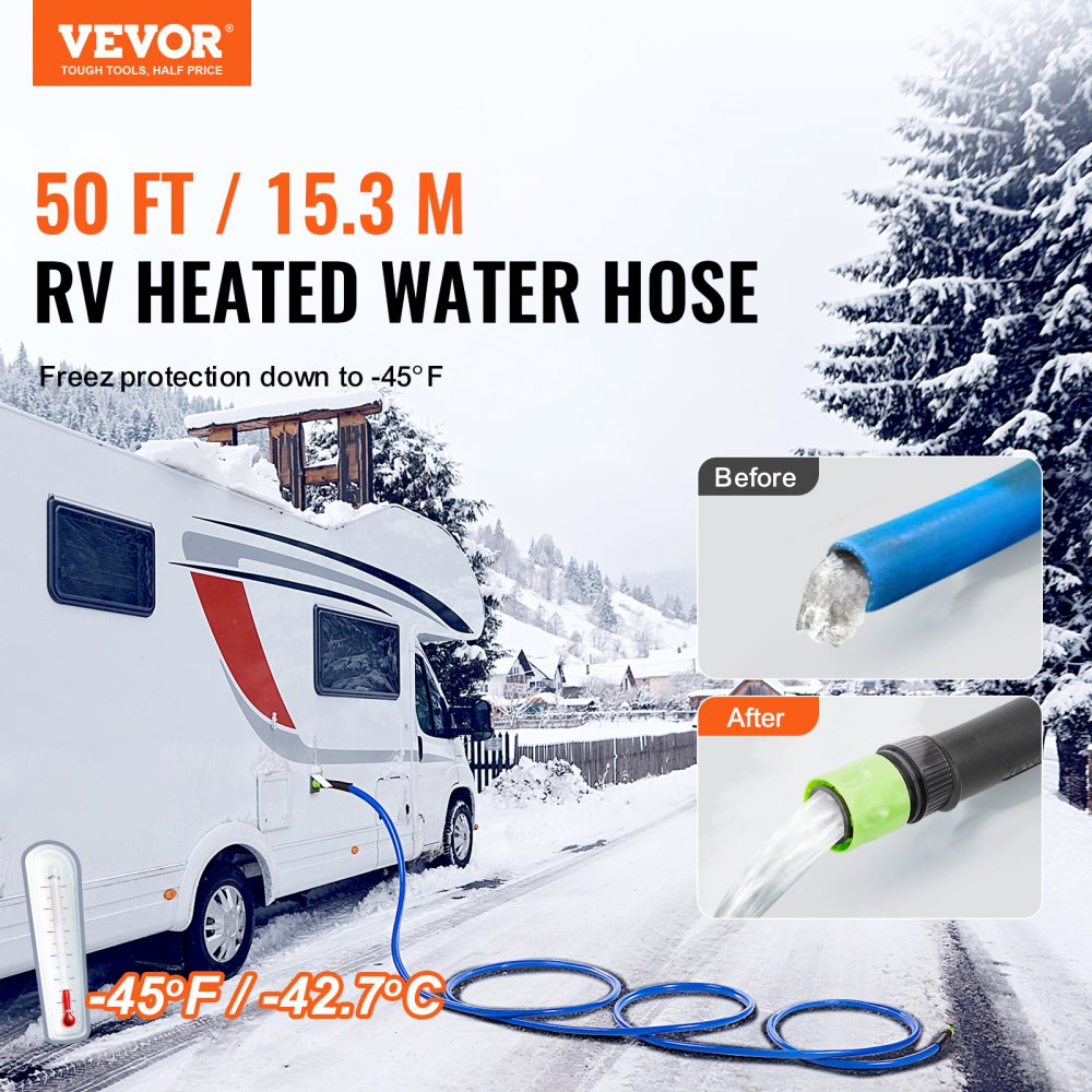 VEVOR 50ft Heated Water Hose for RV, Heated Drinking Water Hose Antifreeze to -45°F, Automatic Self-regulating, 5/8"