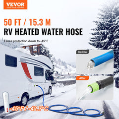 VEVOR 50ft Heated Water Hose for RV, Heated Drinking Water Hose Antifreeze to -45°F, Automatic Self-regulating, 5/8"