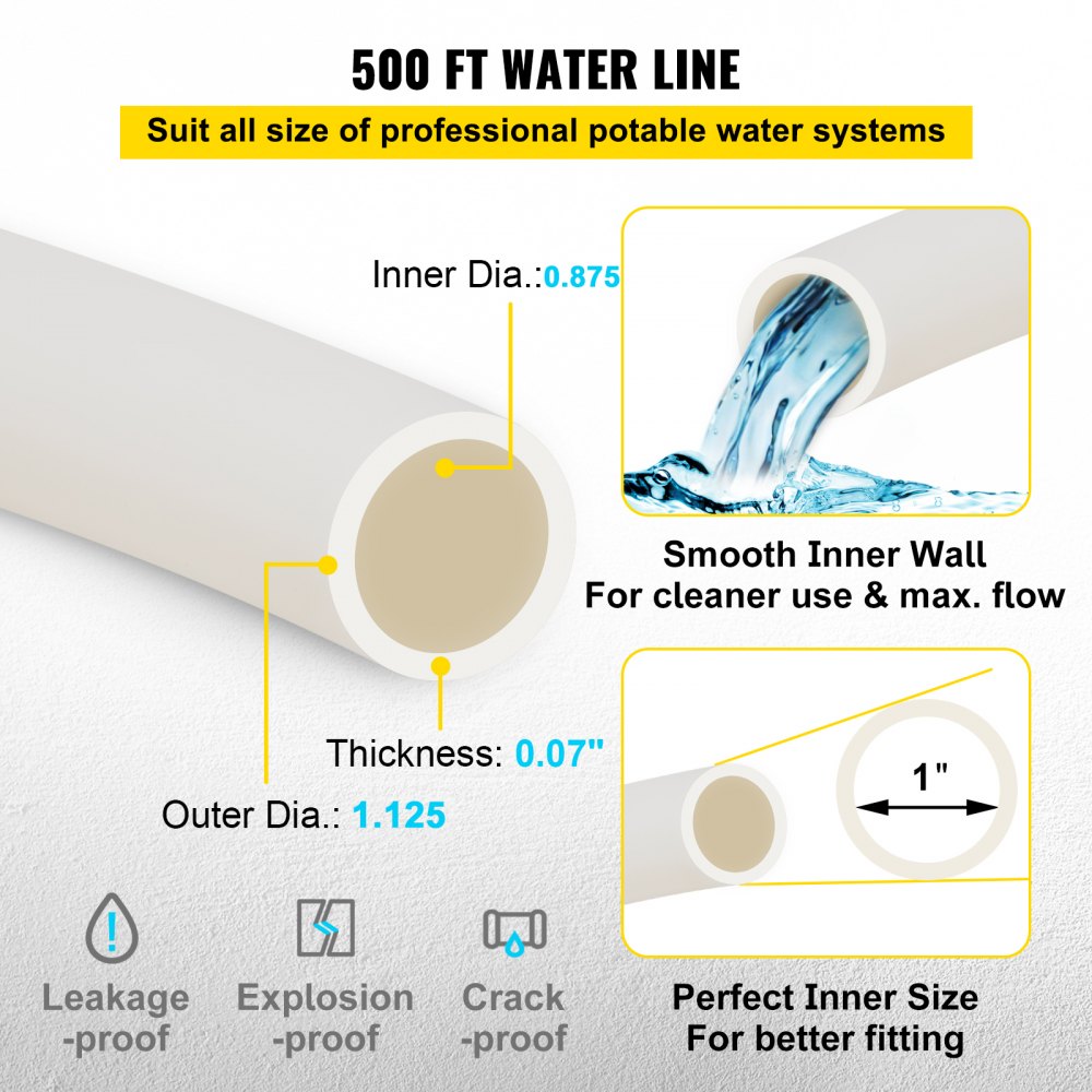 VEVOR PEX Pipe, 1 Inch x 500 FT PEX Tubing, Non Oxygen Barrier White PEX-B Pipe, Flexible PEX Water Line for RV Sewer