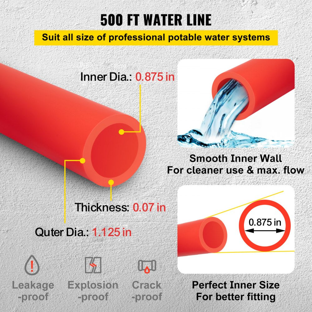VEVOR PEX Pipe, 7/8 inch x 500 FT PEX Tubing, Non Oxygen Barrier Red PEX-B Pipe, Flexible PEX Water Line for RV Sewer