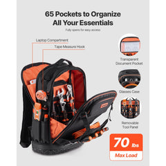 VEVOR Tool Backpack, 65 Pockets, Heavy-duty Tools Storage Organizer Work Bags with Laptop Compartment & Molded Base