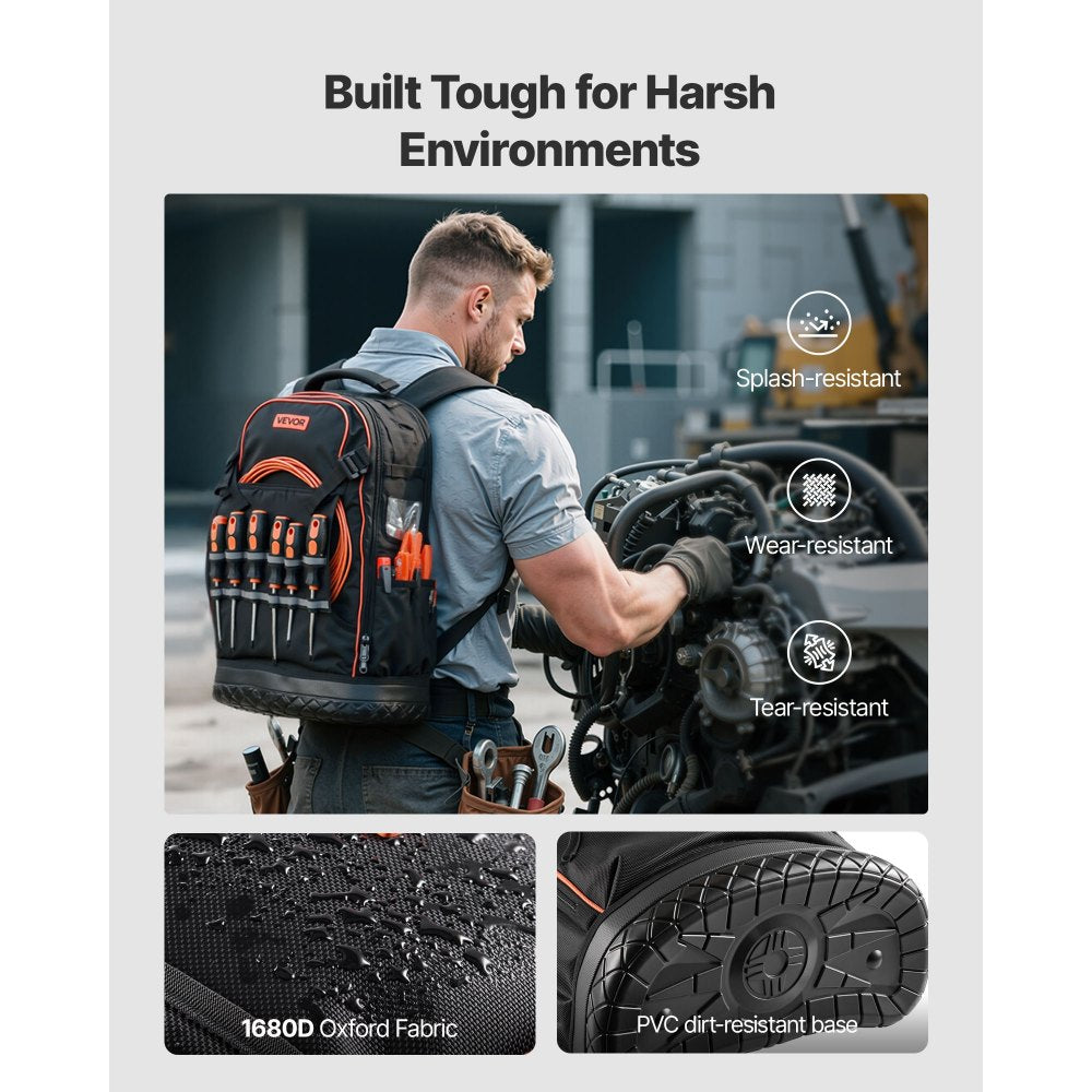 VEVOR Tool Backpack, 65 Pockets, Heavy-duty Tools Storage Organizer Work Bags with Laptop Compartment & Molded Base