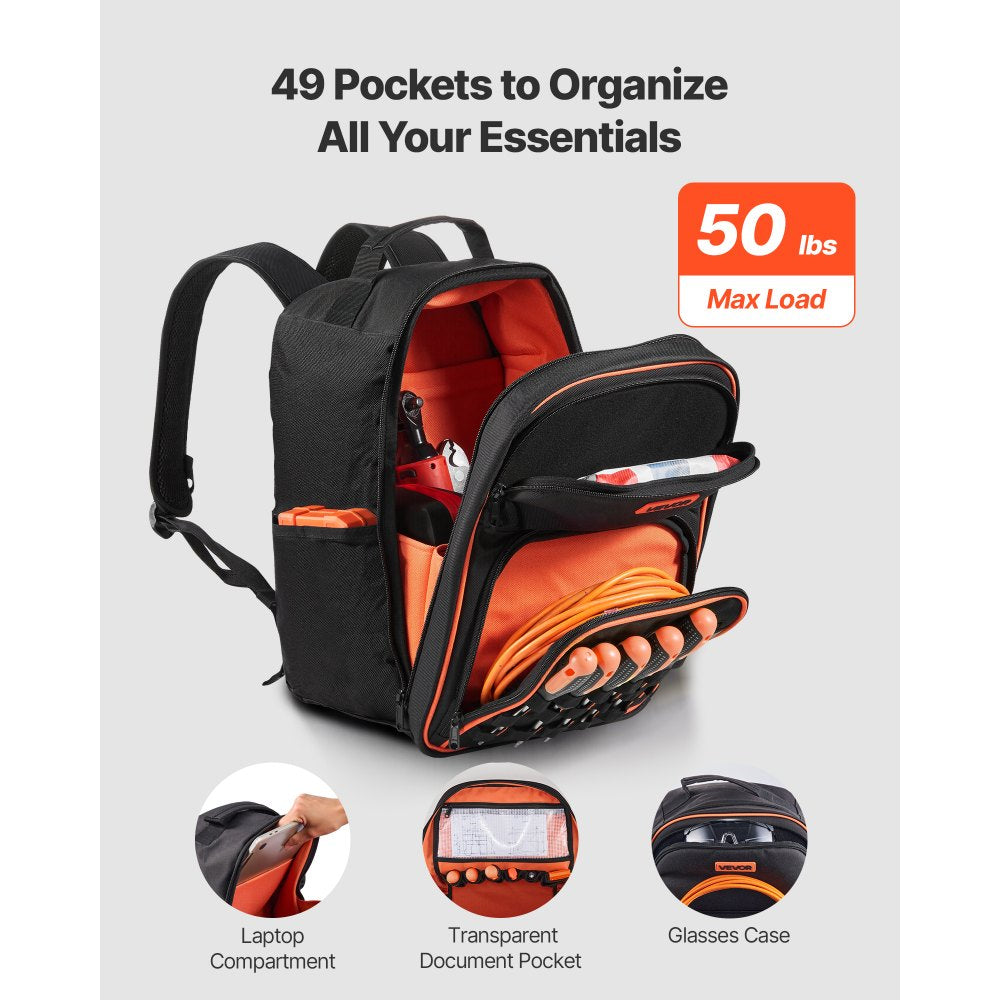 VEVOR Tool Backpack, 49 Pockets, Heavy-duty Tools Storage Organizer Work Bags with Laptop Compartment & Reinforced