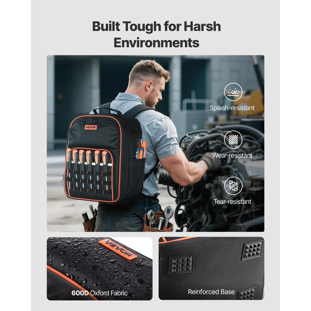 VEVOR Tool Backpack, 49 Pockets, Heavy-duty Tools Storage Organizer Work Bags with Laptop Compartment & Reinforced