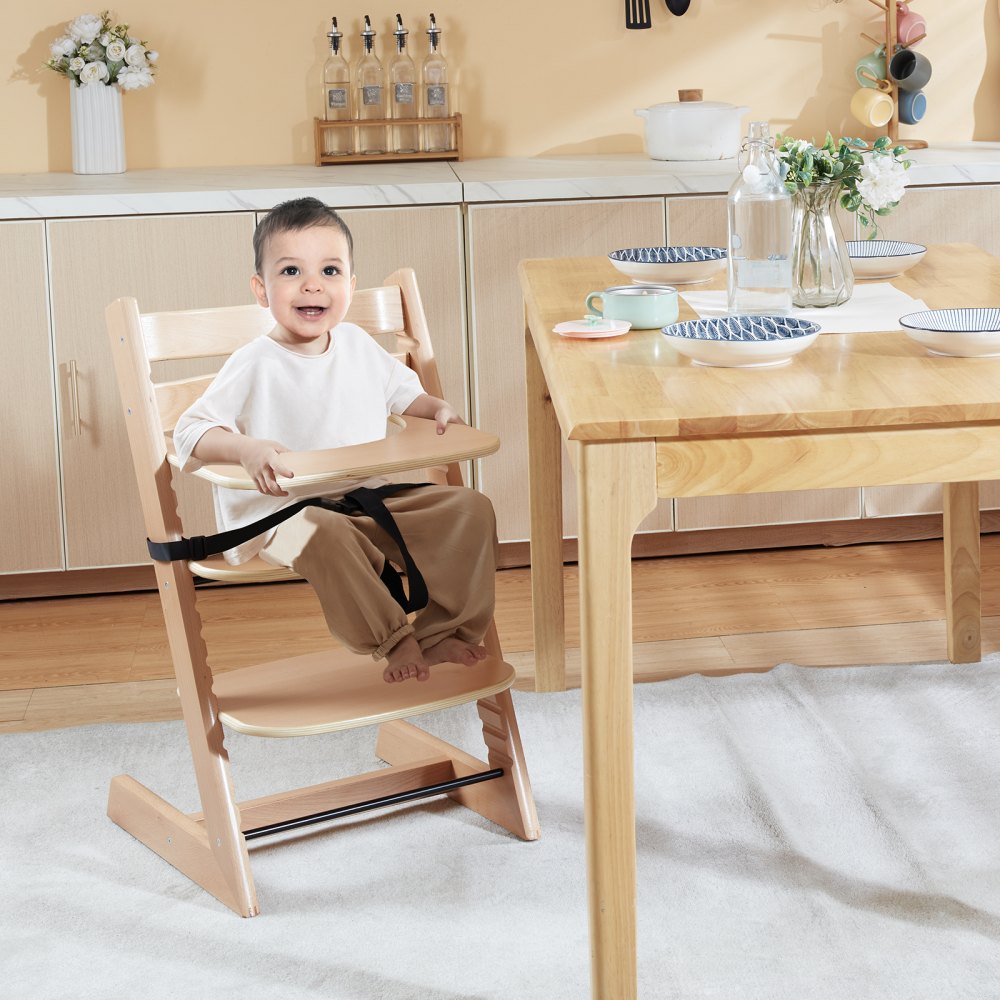 VEVOR Wooden High Chair for Babies & Toddlers, Convertible Adjustable Feeding Chair, Eat & Grow High Chair with Tray