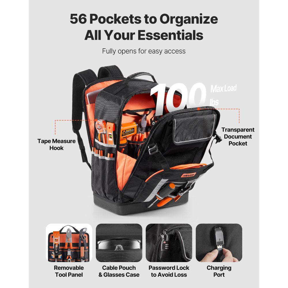 VEVOR Tool Backpack, 56 Pockets, Heavy-duty Tools Storage Organizer Bags with Molded Base, Electrician Jobsite Backpack
