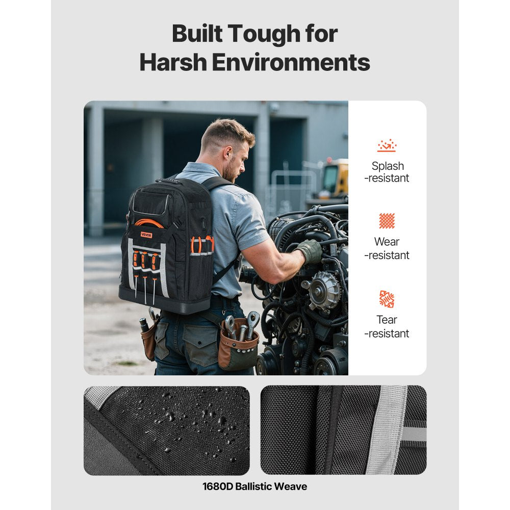 VEVOR Tool Backpack, 56 Pockets, Heavy-duty Tools Storage Organizer Bags with Molded Base, Electrician Jobsite Backpack