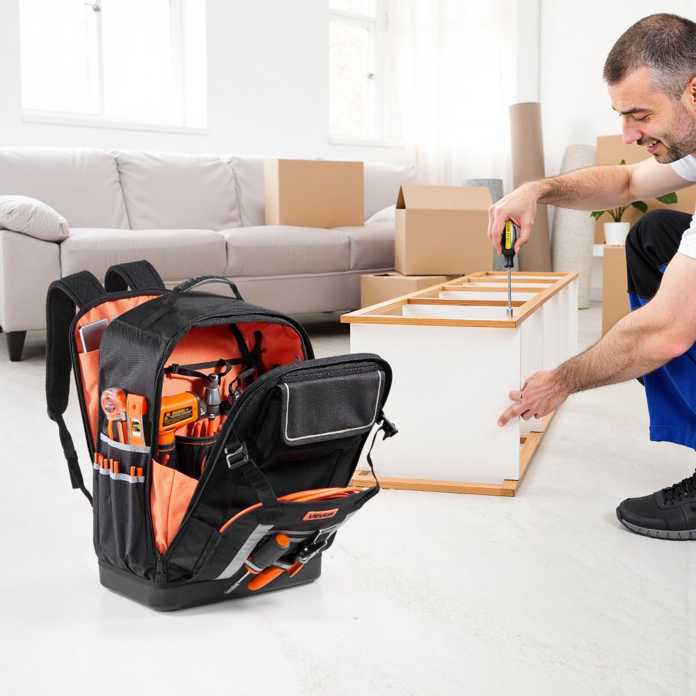 VEVOR Tool Backpack, 56 Pockets, Heavy-duty Tools Storage Organizer Bags with Molded Base, Electrician Jobsite Backpack