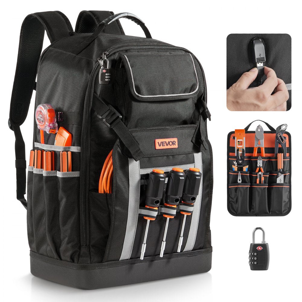 VEVOR Tool Backpack, 56 Pockets, Heavy-duty Tools Storage Organizer Bags with Molded Base, Electrician Jobsite Backpack