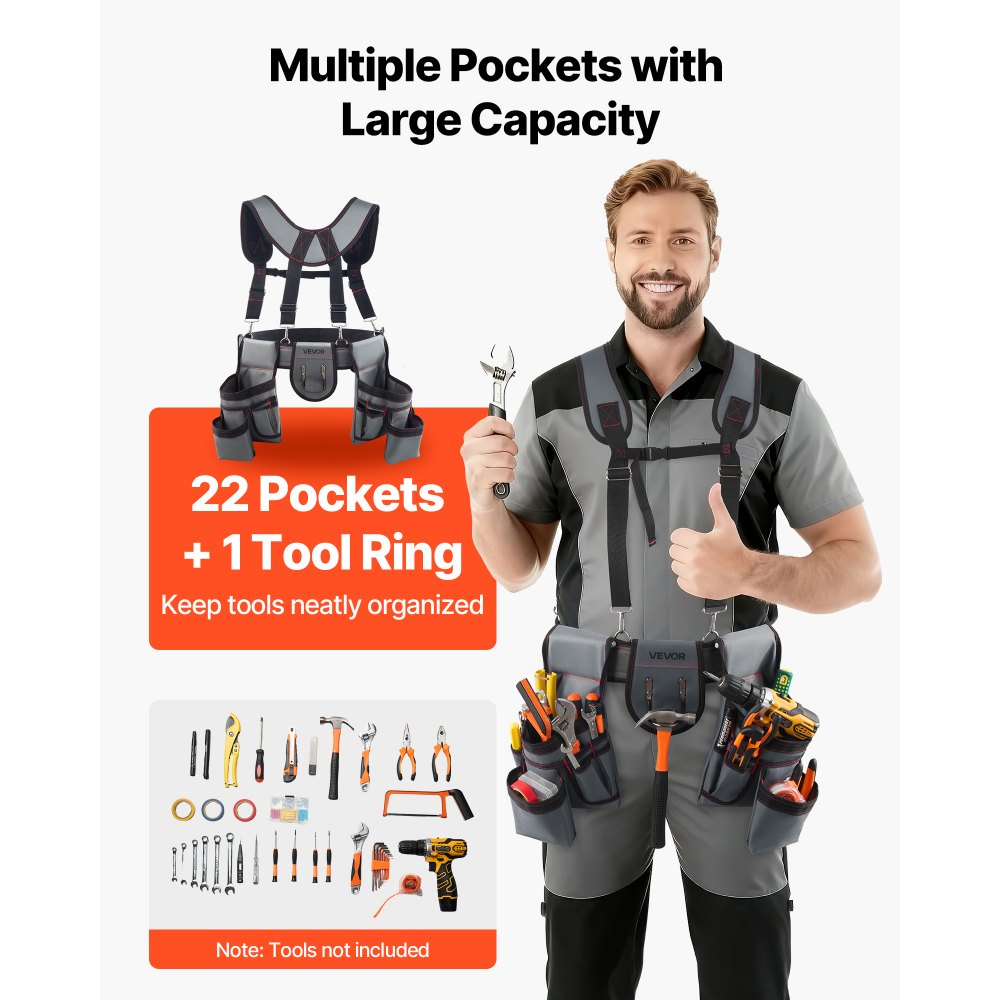 VEVOR Tool Belt, 22 Pockets Tool Pouch with Suspenders for Men, Heavy Duty Adjustable Utility Belt Bag Suspenders for