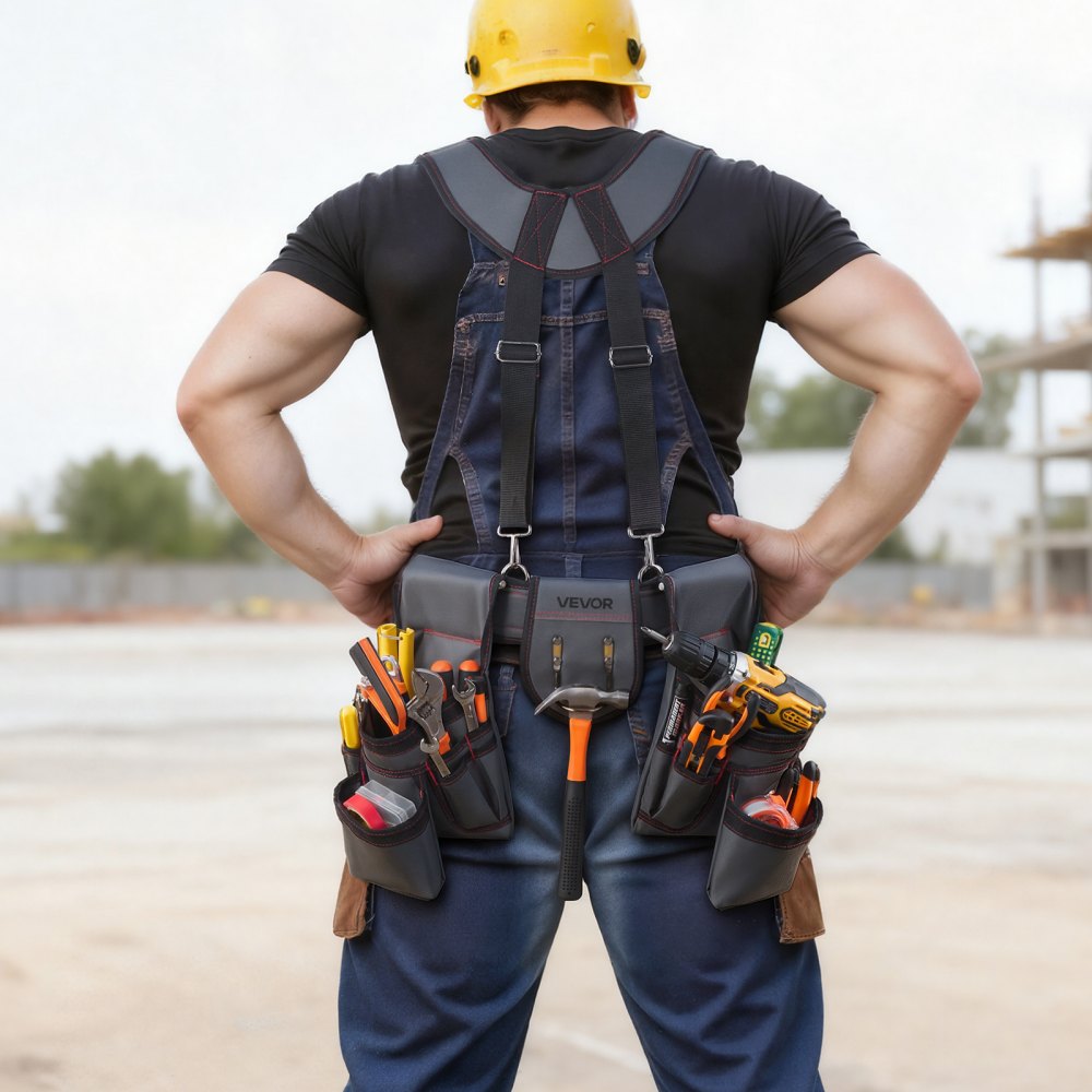 VEVOR Tool Belt, 22 Pockets Tool Pouch with Suspenders for Men, Heavy Duty Adjustable Utility Belt Bag Suspenders for
