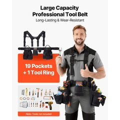 VEVOR Tool Belt, 19 Pockets Tool Pouch with Suspenders for Men, Heavy Duty Adjustable Utility Belt Work Bag Detachable