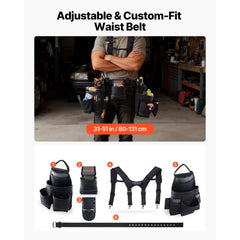 VEVOR Tool Belt, 19 Pockets Tool Pouch with Suspenders for Men, Heavy Duty Adjustable Utility Belt Work Bag Detachable