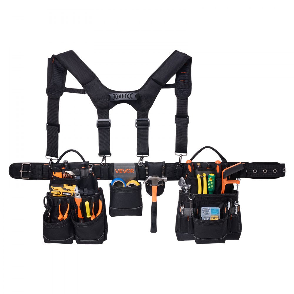 VEVOR Tool Belt, 19 Pockets Tool Pouch with Suspenders for Men, Heavy Duty Adjustable Utility Belt Work Bag Detachable