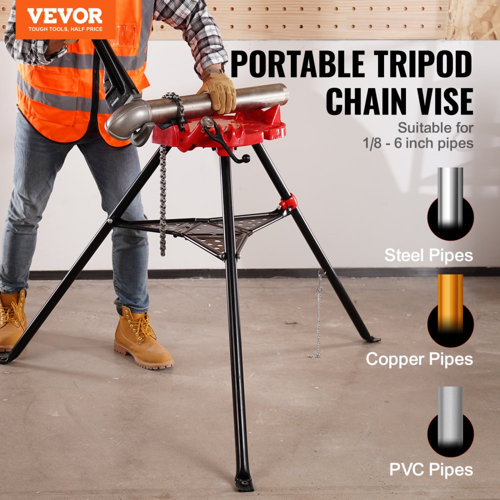 VEVOR 460-6 Tripod Pipe Chain Vise 1/8"-6" Capacity, Pipe Stand Portable Foldable Steel Legs, Pipe Stands with Tool