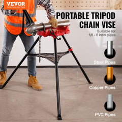 VEVOR 460-6 Tripod Pipe Chain Vise 1/8"-6" Capacity, Pipe Stand Portable Foldable Steel Legs, Pipe Stands with Tool