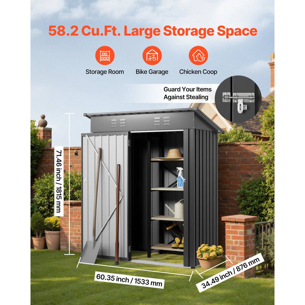 VEVOR 5 x 3 FT Metal Garden Shed, Storage Building with Lockable Door & 2 Louver Vents, Sloped Roof Metal Outdoor
