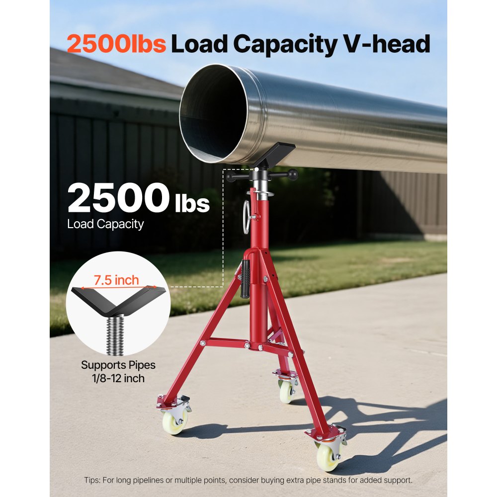 VEVOR Pipe Stand, V Head Pipe Stand Adjustable Height 20-37 Inch, 2500LBS Pipe Stands with Casters, Folding Portable