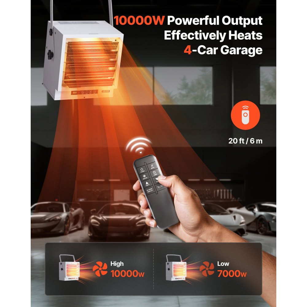VEVOR Electric Garage Heater, 10000-Watt with Remote Control & 10 Hour Timer & Overheat Protection Wall/Ceiling Mounted