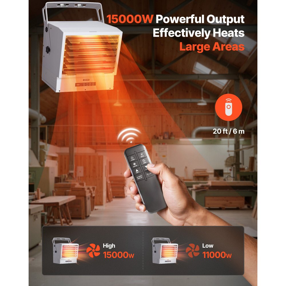 VEVOR Electric Garage Heater, 15000-Watt with Remote Control & 10 Hour Timer & Overheat Protection Wall/Ceiling Mounted