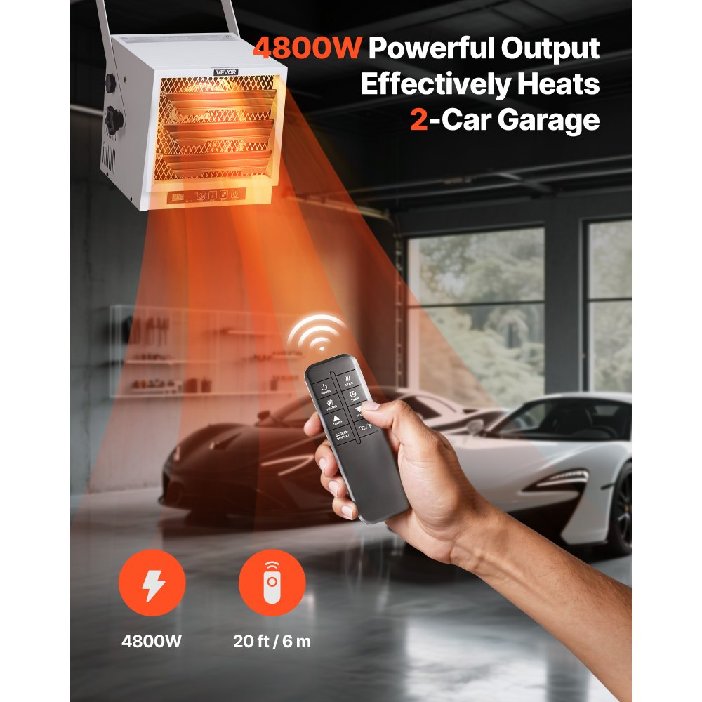 VEVOR Electric Garage Heater, 4800-Watt with Remote Control & 10 Hour Timer & Overheat Protection Wall/Ceiling Mounted