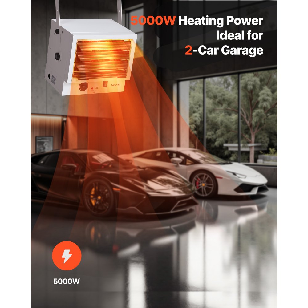 VEVOR Electric Garage Heater, 5000-Watt Wall/Ceiling Mounted Shop Heater for 2 Cars, Overheat Protection & 3 Adjustable