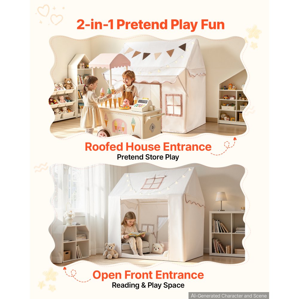 VEVOR Kids Play Tent with Eave 2 in 1 Toddler Tent with Padded Mat Beige, for Girls Boys Play, Indoor & Outdoor Large