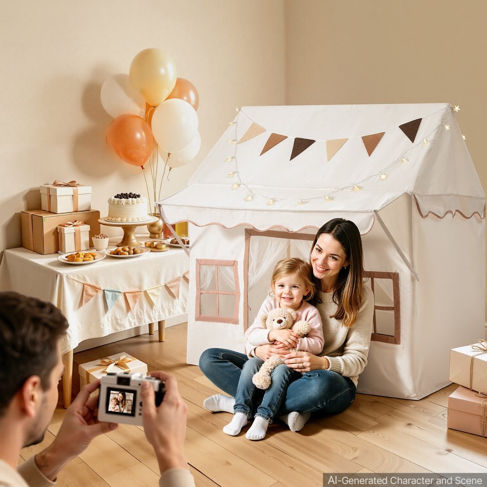 VEVOR Kids Play Tent with Eave 2 in 1 Toddler Tent with Padded Mat Beige, for Girls Boys Play, Indoor & Outdoor Large