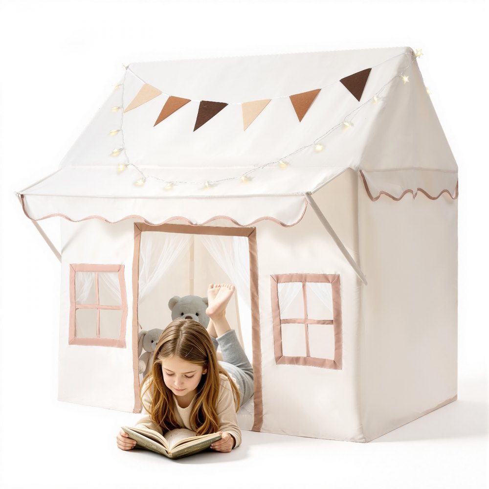 VEVOR Kids Play Tent with Eave 2 in 1 Toddler Tent with Padded Mat Beige, for Girls Boys Play, Indoor & Outdoor Large