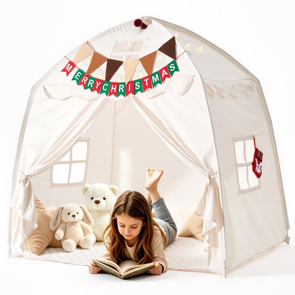 VEVOR Kids Play Tent Fiberglass Frame Playhouse for Kids Padded Mat Beige, for Toddlers Girls Boys, Indoor & Outdoor