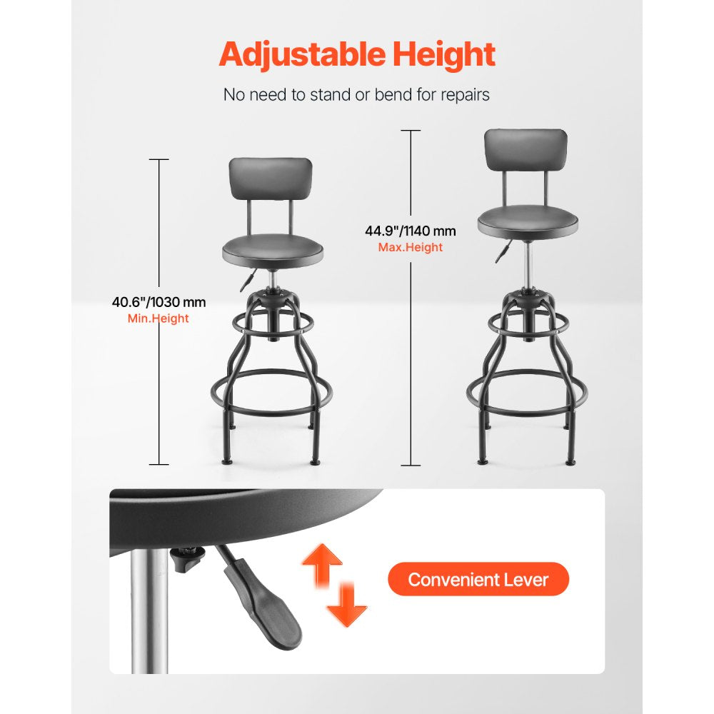 VEVOR Shop Stool with Backrest, Pneumatic Garage Seat/Work Stool with 300 lbs Capacity, Adjustable Height Roller