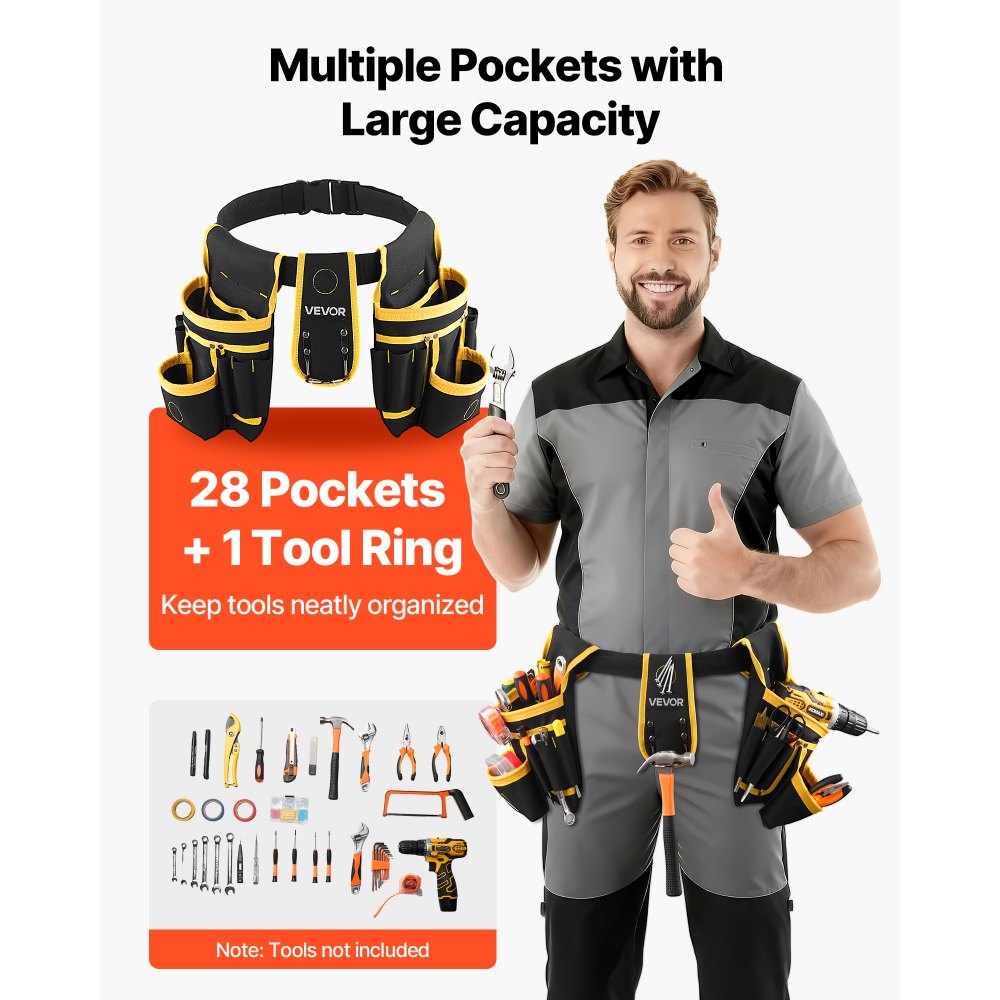 VEVOR Tool Belt, Magnetic Tool Pouch for Men, 28 Pockets Heavy Duty Adjustable Utility Belt Detachable Work Bag for