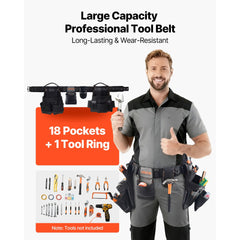 VEVOR Tool Belt, 18 Pockets Professional Tool Pouch for Men, Heavy Duty Adjustable Utility Belt Detachable Work Bag for